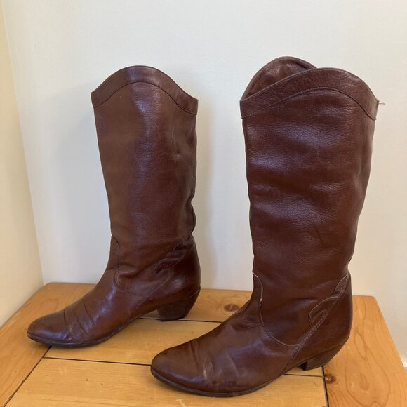 Sesto Meucci Brown Leather Tall Boots Vintage Made in Italy Boho Western Style - Picture 4 of 9